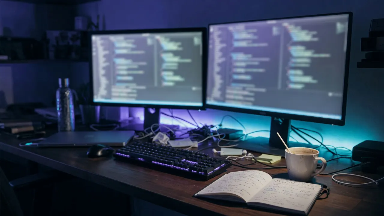 Night desk with two monitors used for agent skill work