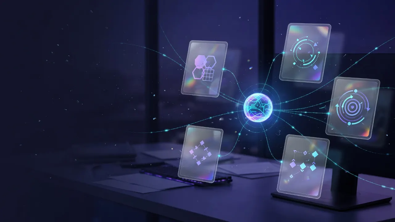 Floating skill cards connected to an agent node